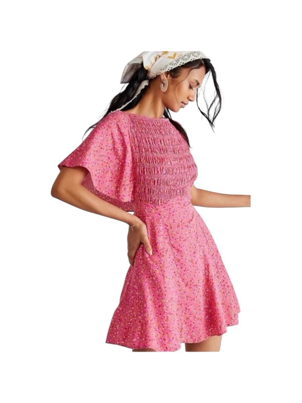 Free People Women’s Small Pink Floral Smocked Romper Flutter Sleeve Boho